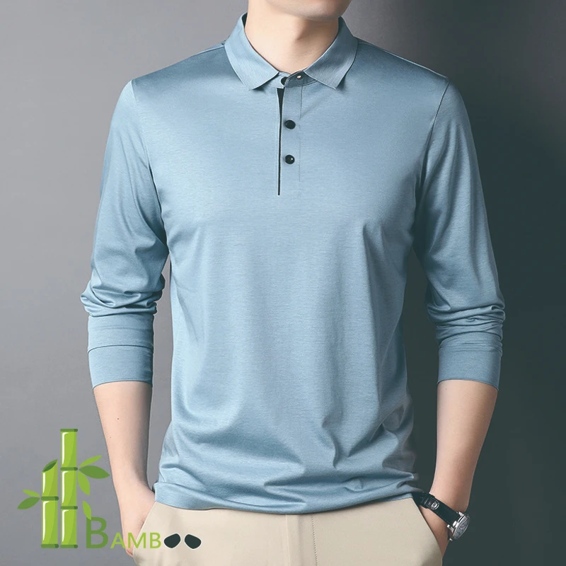 

Bamboo Fiber And Cotton Blend Polo Shirt Men Long Sleeve Collard Tshirt Soft And Breathable Seamless Autumnlightweight Top Blue