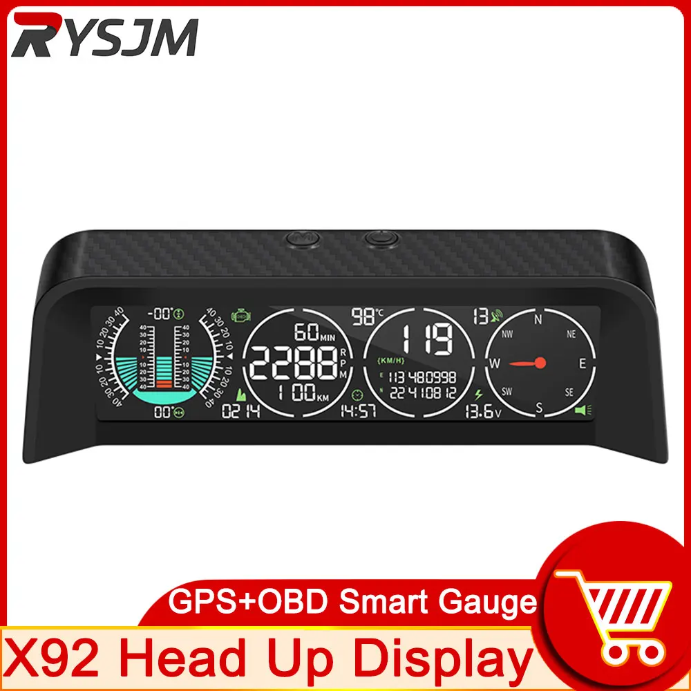 

X92 Car Head Up Display Smart GPS OBD HUD Off-road Intelligent Level Altitude Meter Speedometer Tachometer Time Voltage Compass