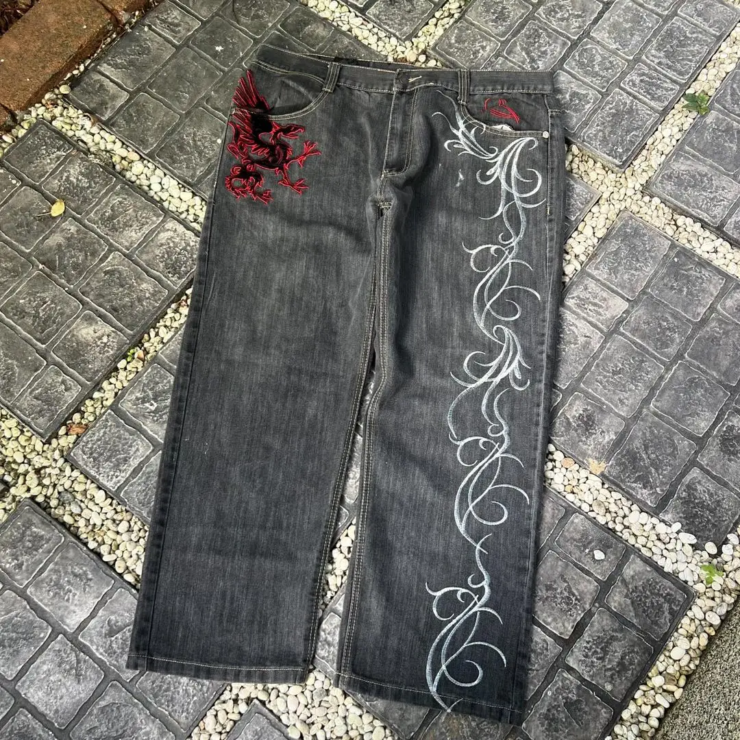 Y2K New Street Harajuku Pattern Jeans Black Baggy Jeans Hip Hop Retro Style Denim Pants Men's and Women's High Waist Wide Pants 6