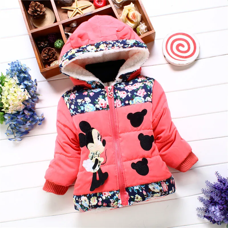 Kids Jackets Winter Coat Girls' Cotton Jacket Winter Children's Clothing Sweet Mouse Head Print Thick Baby Coat Cartoon Hooded Cotton Jacket