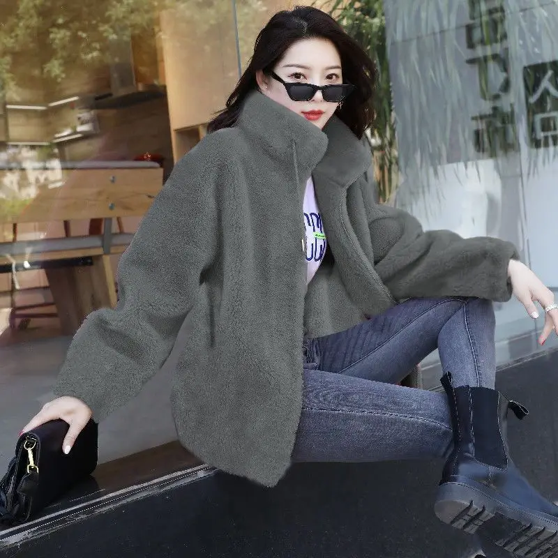 Women Winter Double Coral Fleece Warm Coat Stand Collar Plush Thick Overcoat Female Fashion Casual Long Sleeve Zipper Clothes 5