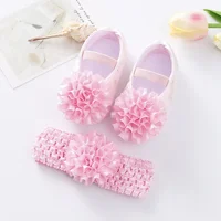 Spring Infant Baby Girl Shoes Newborn Lace Flowers Headband Anti-Slip Soft Sole First Walkers Toddler Kids Cotton Baptism Shoes 2