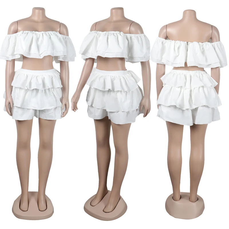 thumbnail image 1 of Conjunto de dos piezas con volantes para mujer, conjuntos cortos de verano con escote oblicuo y hombros descubiertos, top corto y pantalones cortos, trajes sexys para fiestas navideñas y clubes, 1 of 5