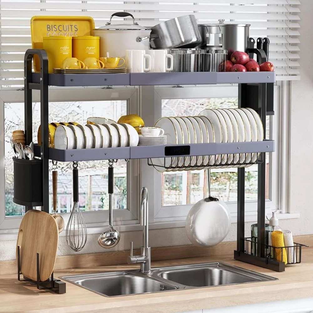 

2 Tier Stainless Steel Large Adjustable Kitchen Dish Drainer Home Storage Organizer Shelf Above Counter With 6 Hooks Drying Rack