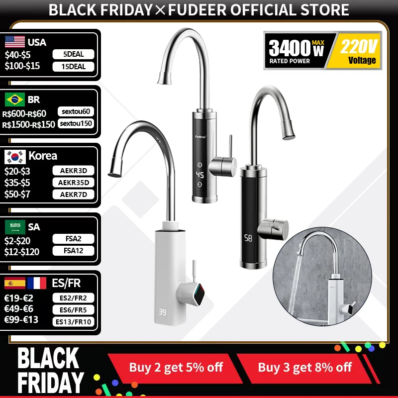 Fudeer Instant Water Heater Faucet Electric Water Heater Kitchen Faucet Tankless  Water Heating Mixer Tap with Digital Display