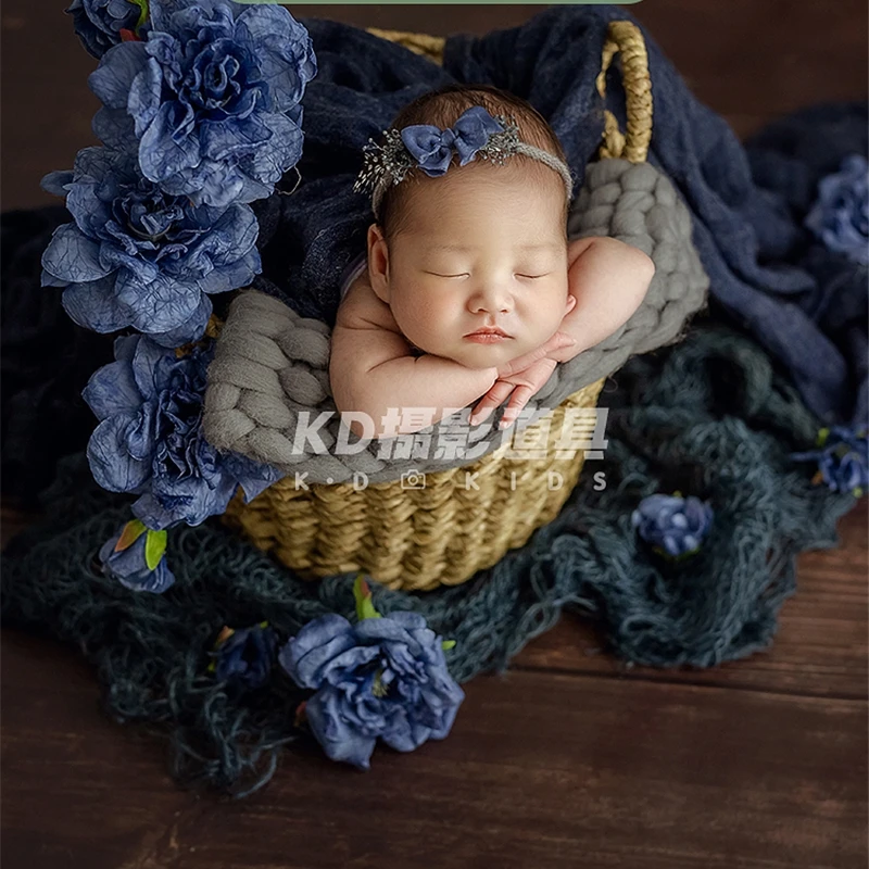 Newborn Baby Photography Props Backdrop Blue Florals Lace Wrap Posing Basket Fotografia Photoshoot Studio Shooting Photo Props