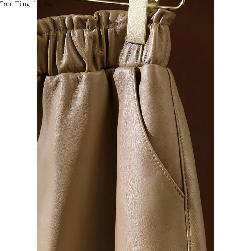 2023 New High Waist Casual Genuine Sheepskin Leather Shorts Loose Wide Leg Comfortable Real Leather Shorts W26