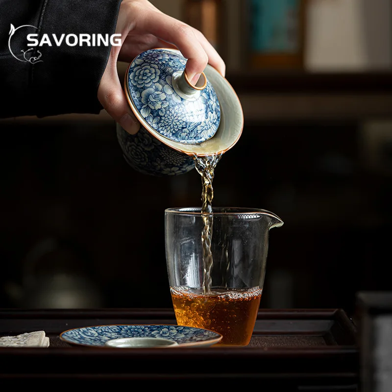 150ml Retro Blue and White Sancai Gaiwan Vintage Old Pottery Mud Tea Tureen Household Tea Brewing Cover Bowl Ceremony Craft