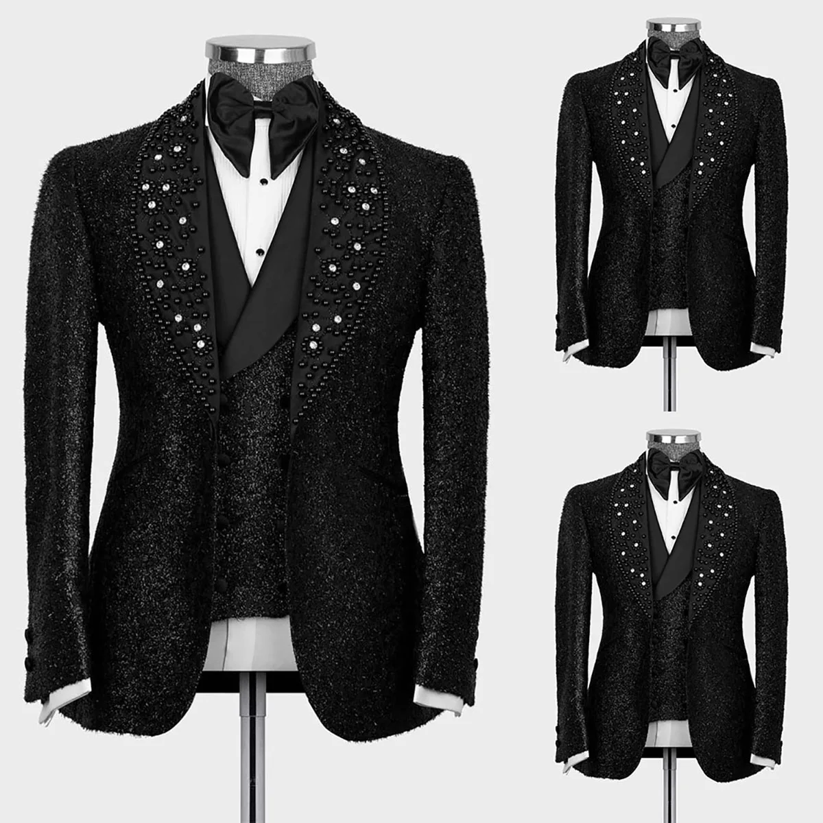 Sparkly Sequins Men Wedding Tuxedos 3 Pieces Crystal Beads Peaked Lapel Outfits Wedding Pants Sets