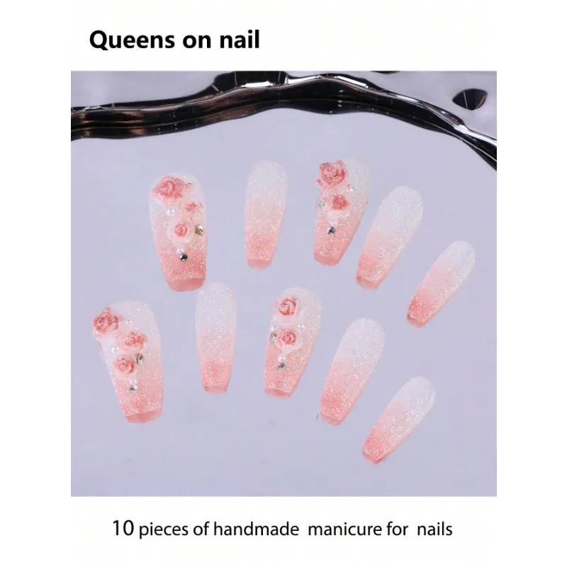 

10 Pieces Handmade press on Nails Ballet Style Fake Nails/Pearls/Sfumato/Rose Decoration/Bling Diamonds/Sequin