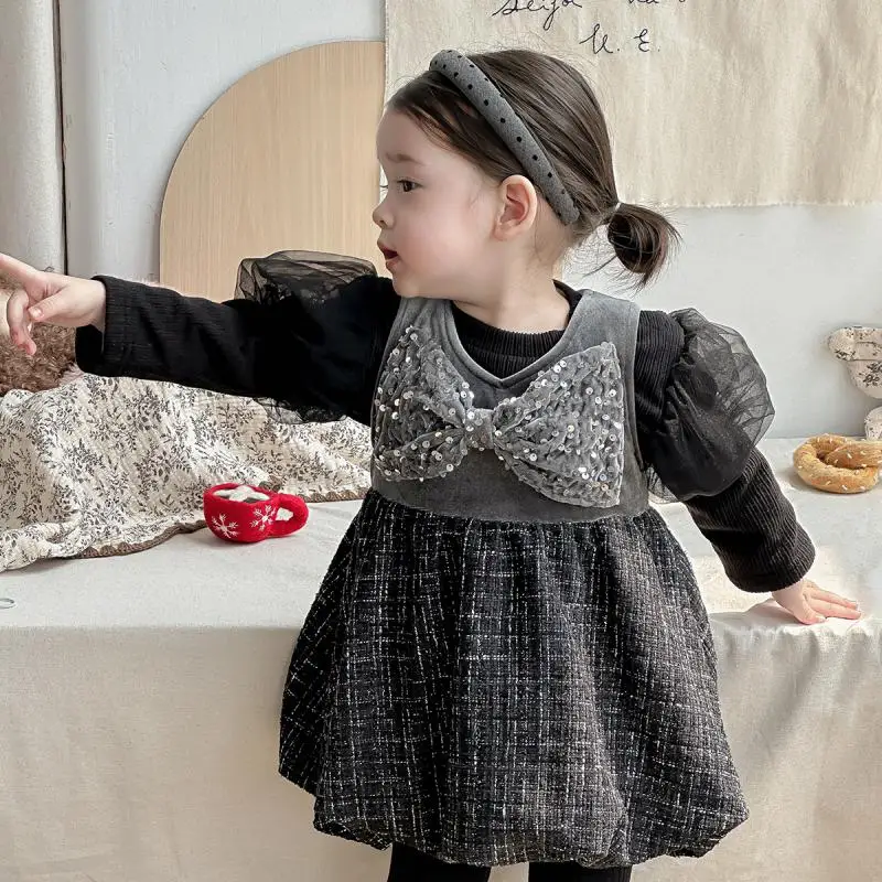 Baby Girl Black Bow Vest Dresses Girls Sisters Rompers Autumn Winter Sweet Dress Korean Infant Birthday Baptism Clothes