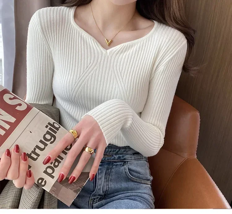 Women Slim V-Neck Bottoming Sweater Autumn Winter For Women Casual Pullovers Long Sleeve Knit Warm Office Sweater