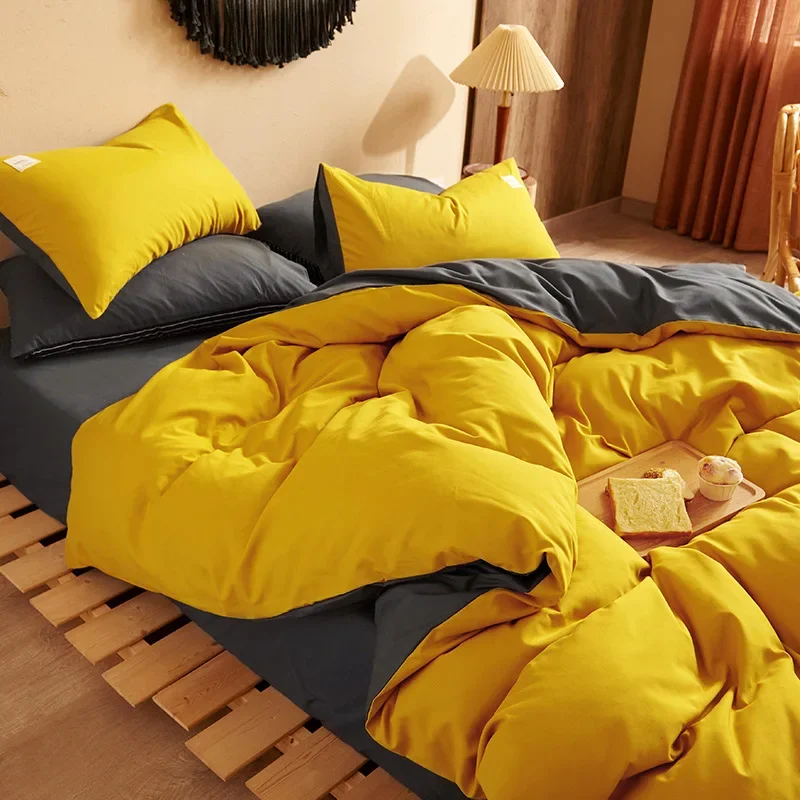 

Моющийся хлопковый Новый однотонный полированный набор из четырех простых постельных принадлежностей, пододеяльников, простыней, простыней