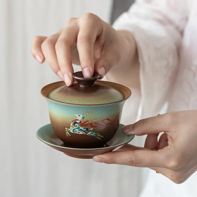 Vintage Firewood Gaiwan Tea Ceremony Bowl Ceramic Tea Set Large Cup Making Device Pot Gift Ancient tea utensils