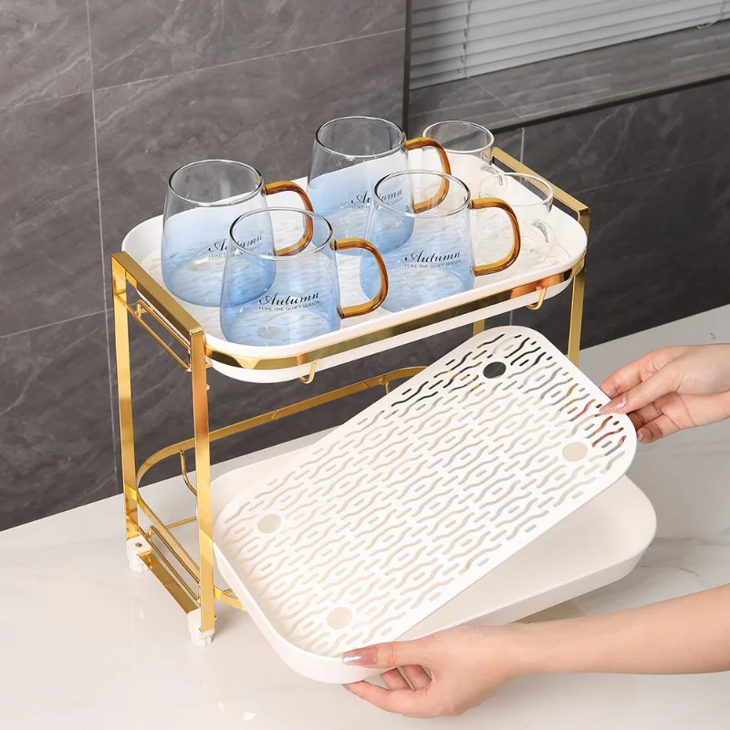 

Double Layer Kitchen Storage Shelf Multifunctional Drain Tray Fruit Plate Water Cup Tea Tray Dessert Food Sundries Storage Tray