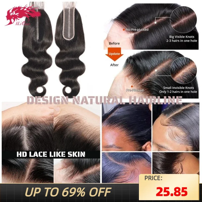 Ali Queen Hair 2x6 5x5 6x6 7x7 Real HD Lace Closure Invisible Melt Skin Full Frontal 13x6 13x4 Indian Virgin Body Wave Hair