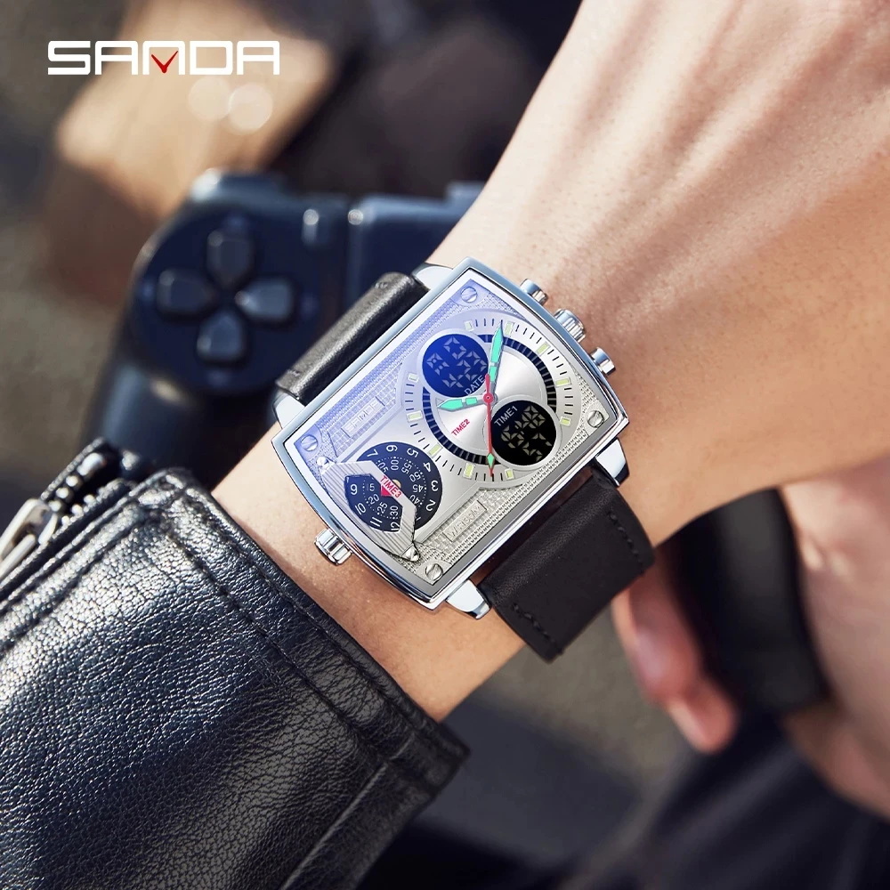 SANDA 2023 New Luxury Mens Watches Top Brand Fashion Digital Quartz Dual Display Wristwatch For Men Clock Relogio Masculino 6032