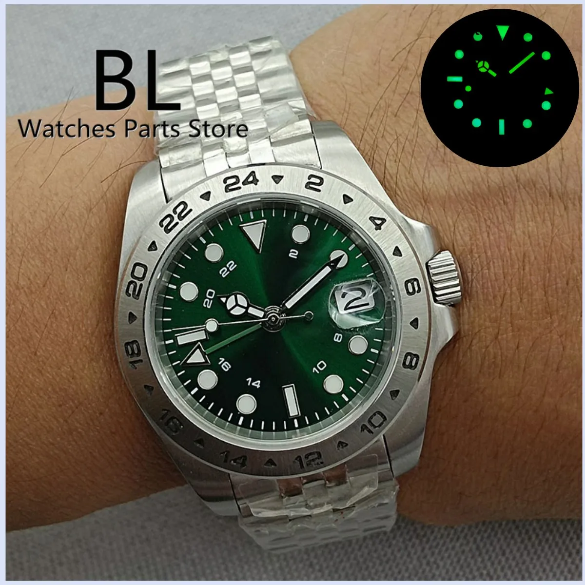 

BLIGER GMT NH34A 40mm Watch For Men Green Dial Green/blue Luminous Sapphire Glass Jubilee Bracelet Date Window Waterproof