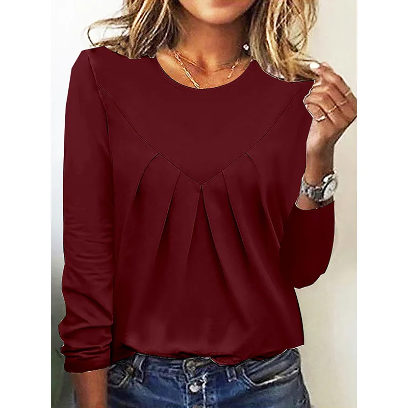 Women Ruffle Long Sleeve Solid Color Loose Pleated Tshirt