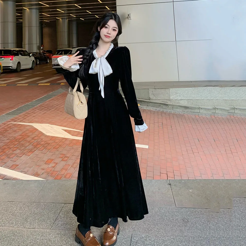 

2024 Spring French Style Elegant Velvet Dress Women's Contrast Lace-up Bow Long Dresses Ladies Office Temperament Black Dress
