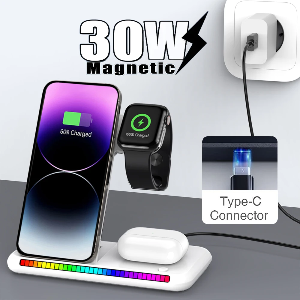 3 in 1 LED 고속 무선 충전 스탠드, 접이식 충전 스테이션 (아이폰 17-12, 애플워치 9 8 7 6 5, 에어팟 프로 호환)