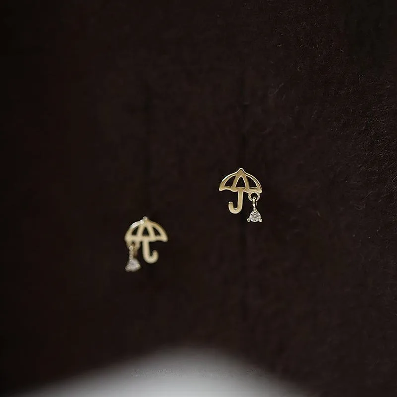 

925 Sterling Silver 14k Gold Plated Zircon Pendant Cute Umbrella Earrings for Girl Student Fun Jewelry Gift