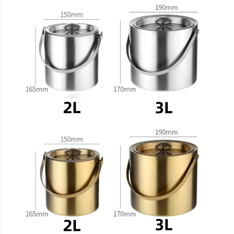 1.6L/2L/3L Stainless Steel Ice Bucket Portable Insulated Ice Bucket with Lid Bar Party Whiskey Beverage Beer Tub Tools Container