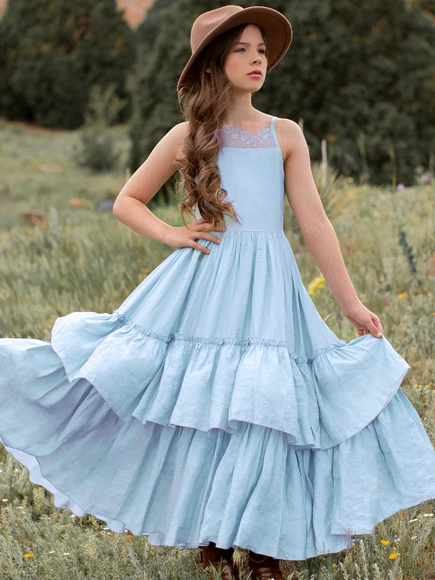 Princess Lace Ruffles Layered Dress Baby Kids Flower Girls Wedding Party Long Dresses Teenage Elegant Clothes for 3 4 6 8 10 12y