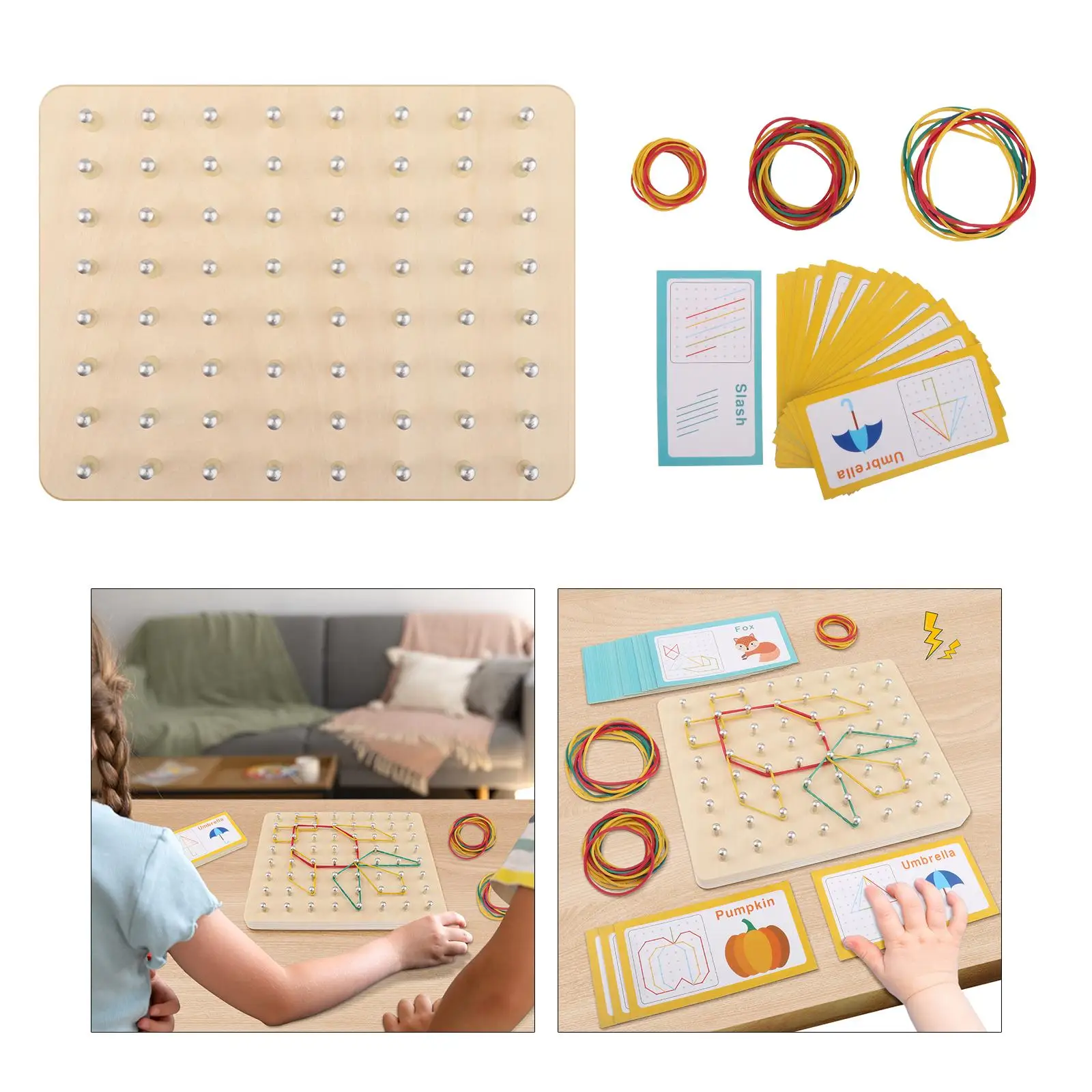 Geoboard De Madera Montessori De 18x18 Cm – Tablero Geométrico Con 30 Tarjetas, 53 Gomas Y 4 Rotuladores Para Niños De 3 A 8 Años
