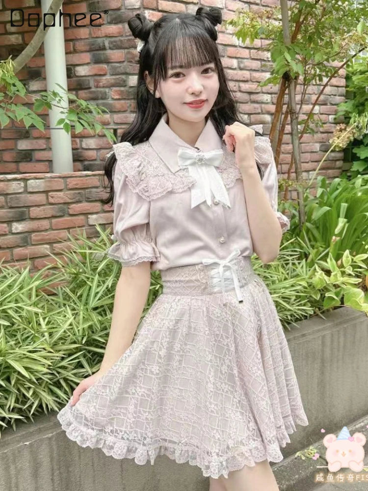 

2023 Autumn New Rojita Cute Lace Stitching Bow Shirt Ladies Sweet Long Flying Sleeve Mine Series Mass-Produced Shirt for Women