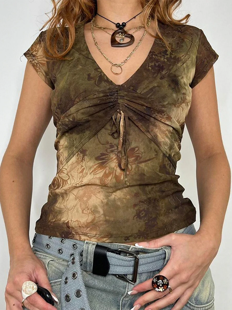 

New Fashion Women T-Shirt V Neck Short Sleeve Drawstring Flower Print Summer Tops Streetwear Skin-Friendly Hot Sale S M L