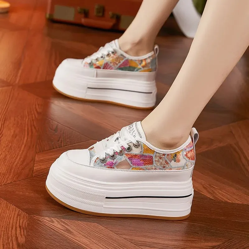 

Krasovki 8.5cm Air Mesh Synthetic Platform Wedge Casual Bling Leather Comfy High Brand Summer Slip on Flats Chunky Sneaker Shoes