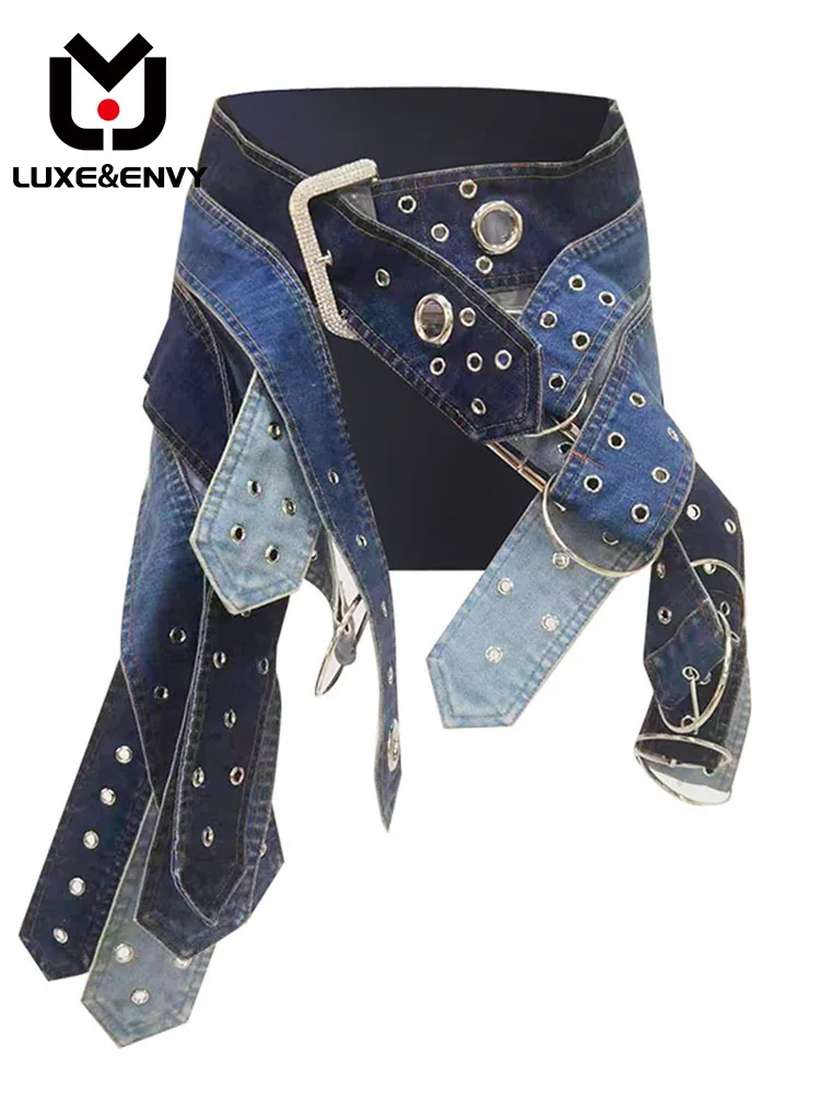 

LUXE&ENVY Design Sense Half Skirt Wash Antique Silver Japanese Buckle Belt Mini Low Rise Denim Short Trend 2023 Autumn