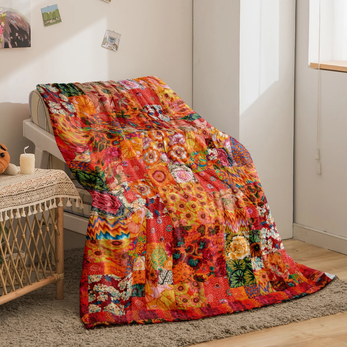 Manta estampada con patrón de flores bohemias, Adecuada para Sofas, Camas, Offices, Viajes, Sillas de Camping, Manta de Felpa Cálida, 1PC_voghion.com