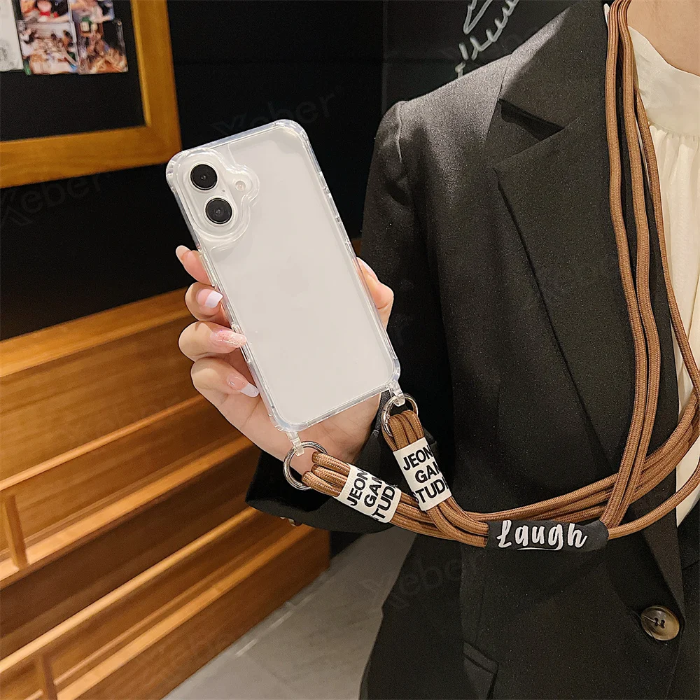 Étui de téléphone transparent avec lanière et collier en bandoulière pour iPhone 15 16 14 Pro Max 14 13 12 11, housse de protection antichoc à coussin d'air_voghion.com