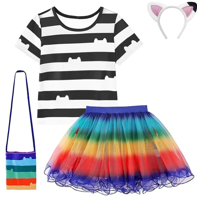 Gabby Dollhouse Cartoon Girls Black And White Stripe T-Shirt+Skirt+Bag Sets Carnival Gabby Cats Costume Party Outfits 8Y