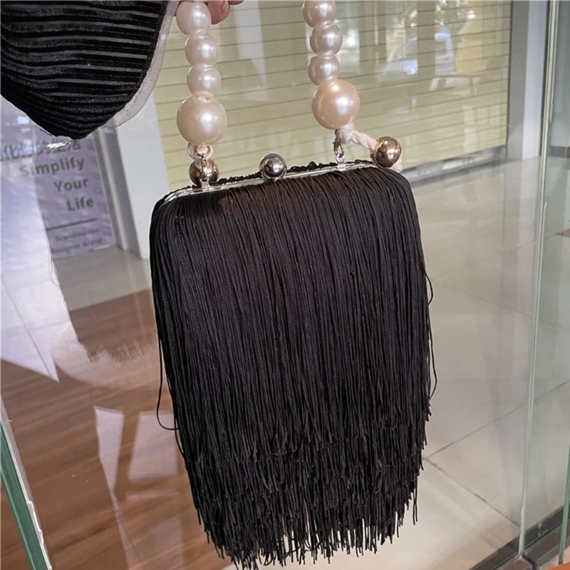 Tassel Evening Clutch Purse Pearl Handle Handbag Party Prom Crossbody Bag