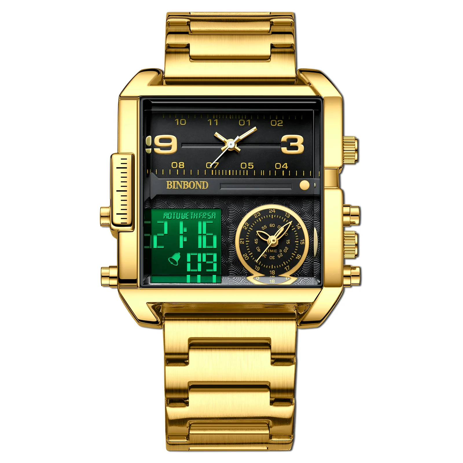 Binbond Popular Creative Super Large Dial Multifunctional Sports Quartz Men's Square Watch Time Night Light Running Temple Alarm