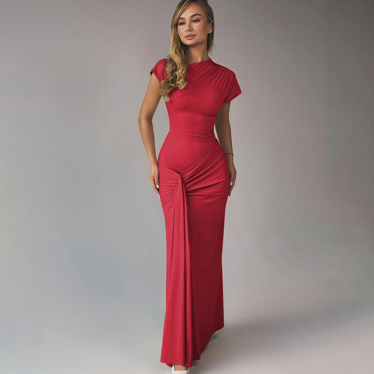 O Neck Short Sleeve Ruched Knotted Women'S Dresses Elegant Evening Prom Ladies Dress Y2K Fashion Casual Fall Clothing