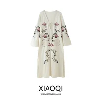 Summer 2025 New Women's Loose Design Sense Flower Embroidery Long Dr Mid-Length A-Line Skirt Sle V-Neline Long Sve