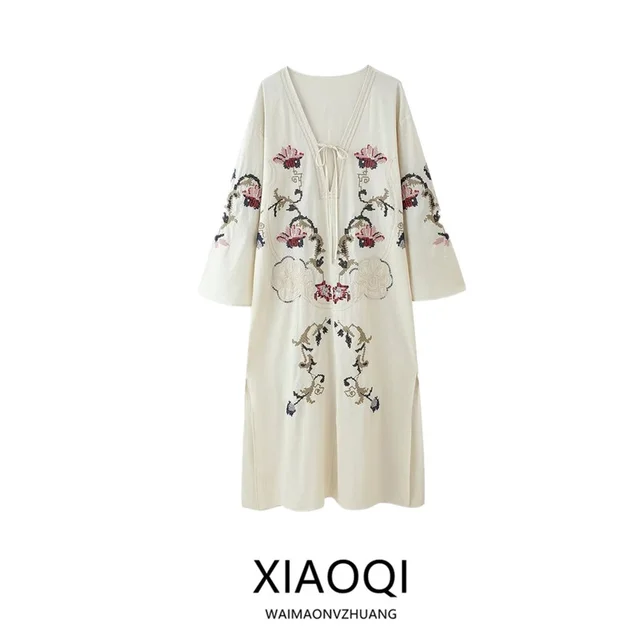 Summer 2025 New Women's Loose Design Sense Flower Embroidery Long Dr Mid-Length A-Line Skirt Sle V-Neline Long Sve