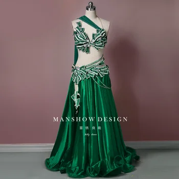 Customized Belly Dance Costume 2025 New Set Oriental Dance Performance Dress High End Sexy Waist Chain Floating Yarn Green Skirt