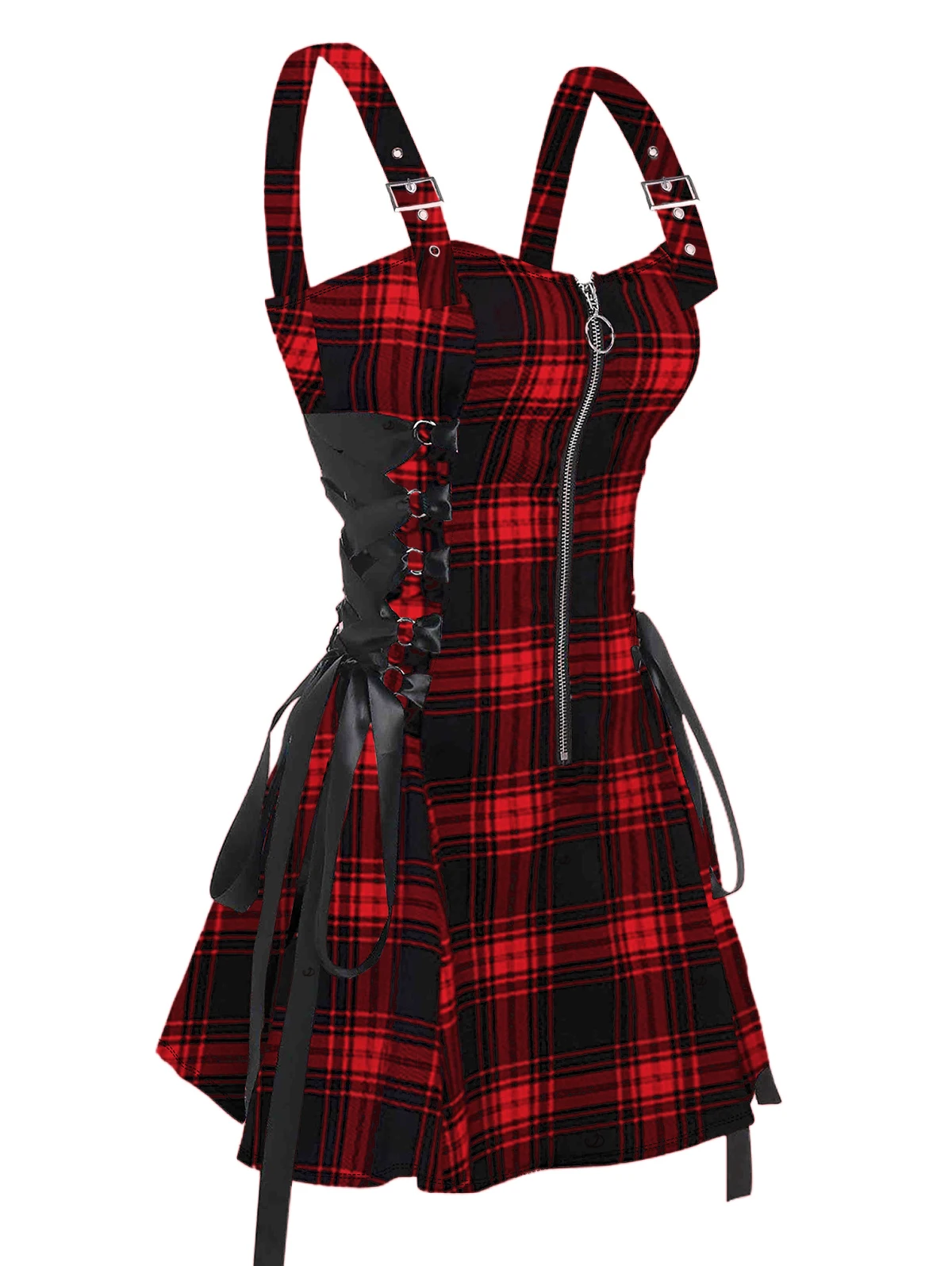 Dressfo 2025 Women's Summer Dresses Retro Plaid Print Lace Up Dress O Ring Half Zipper Adjustable Buckle Strap Sleeveless Dress Sd3657b8f9a084c7eb973cb95dd460f58M