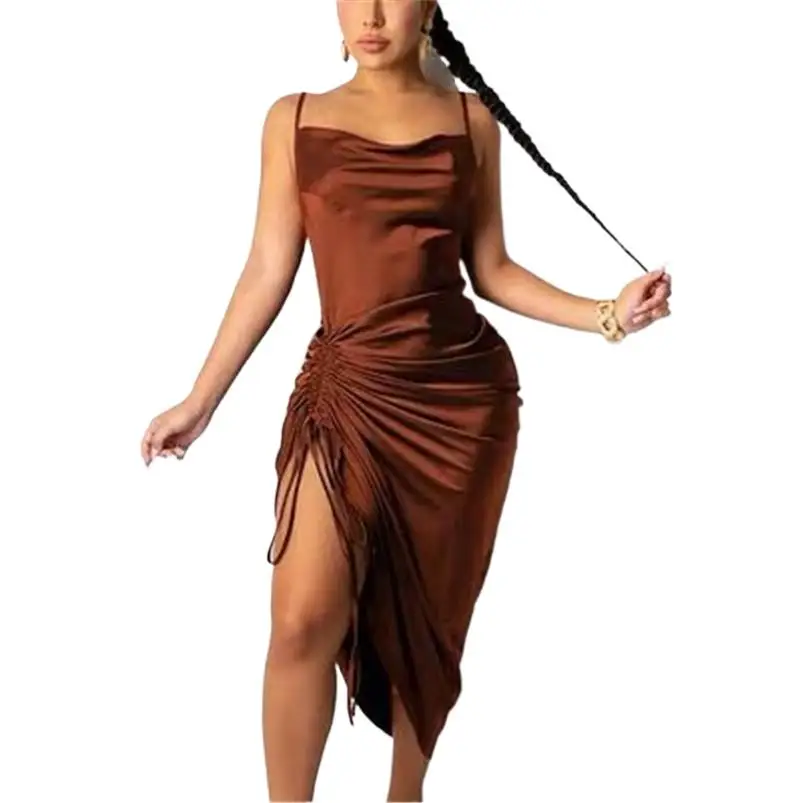 

Summer New Fashion Women Sexy Midi Dress Sleeveless Beach Style Shirring Spaghetti Strap Dress Female Party Satin Vestidos 2023