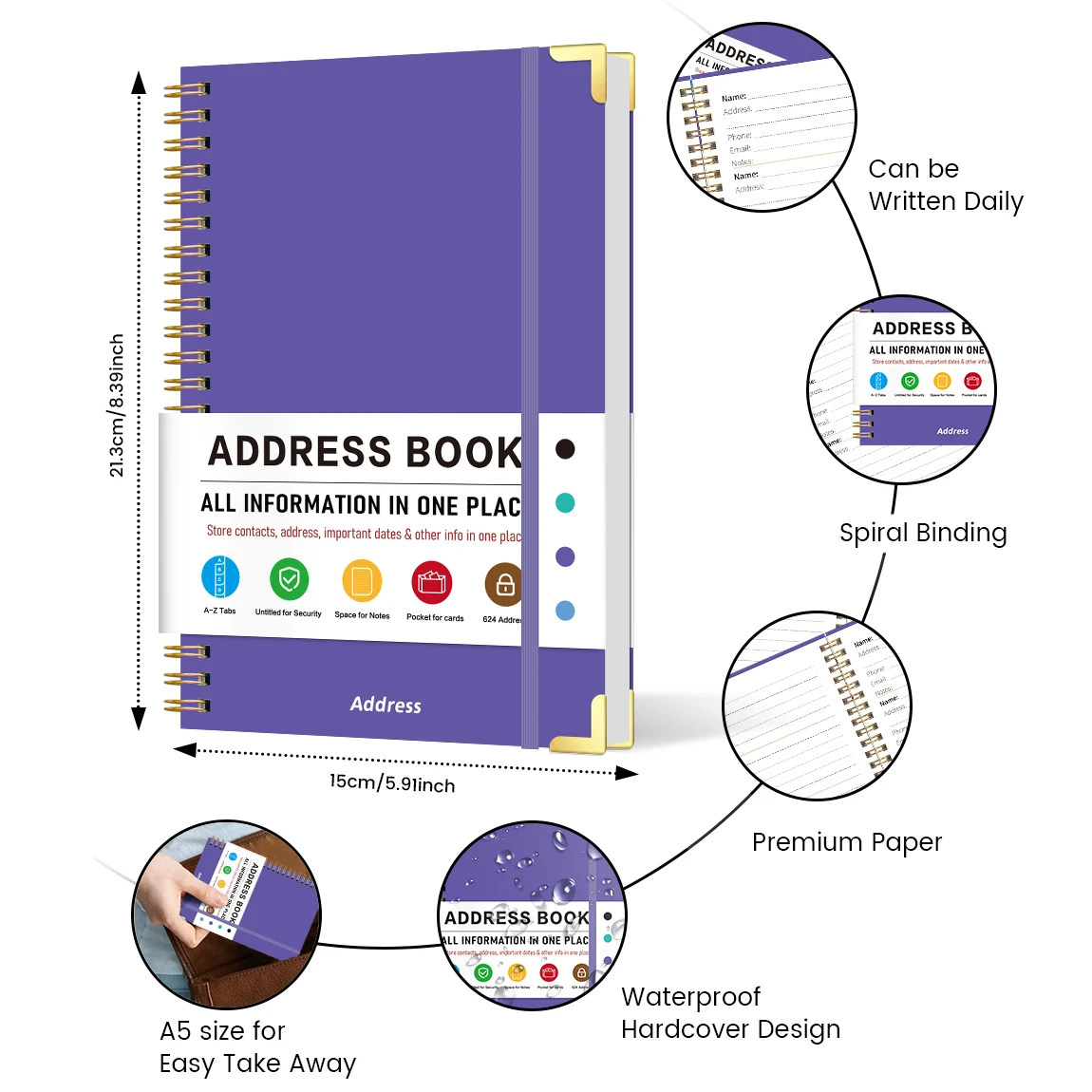 Purple A5 Spiral-Bound Address Book with A-Z Tabs and Elastic Band Closure