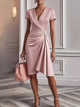 Women's Short Sleeve Wrap Dress Ruched Side Midi Dress Elegant V Neck Party Dress