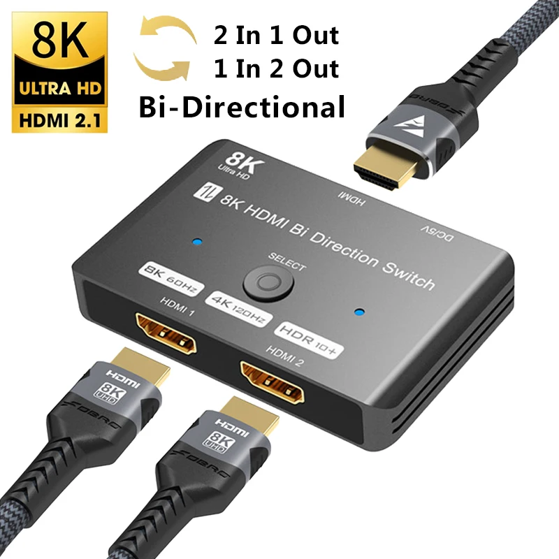 Splitter Hdmi 8K 1 In 2 Out 8K @ 60Hz 4K @ 120Hz Hdmi 2.1 Interruttore Bidirezionale 2 In 1 Out Adattatore Switcher Bidirezionale 2 X1 1 X2 Converter