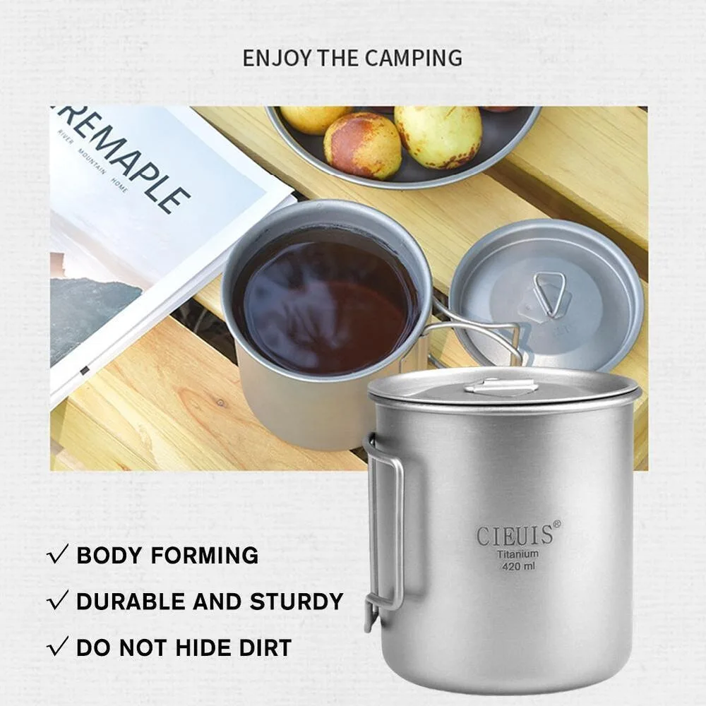 Portable Cups Portable Folding Cups Titanium Cup Titanium Tableware 420ML Pure Titanium Titanium Cup Portable with Foldable Handle with Lid Drinking Cup Boil Water Ultralight Camping Mug Outdoor