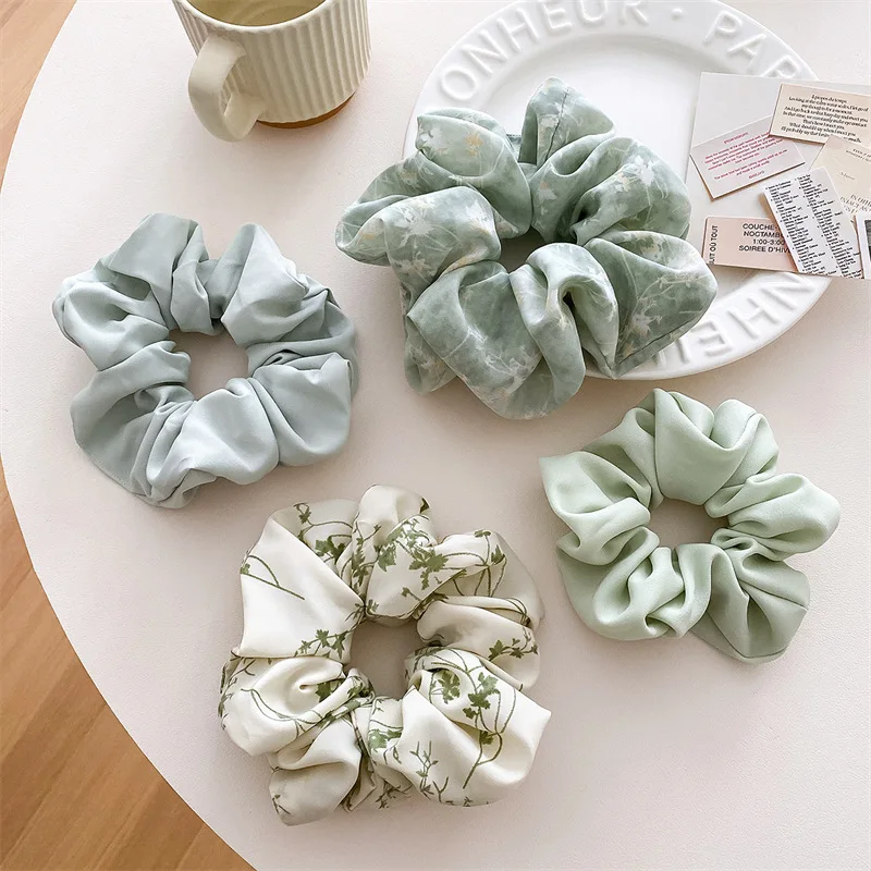 

New Fabric Light Green Gentle Wind Large Solid Color Printed 2PC/SET Elastic Hair Scrunchie Hair Accessories For Woman Girls