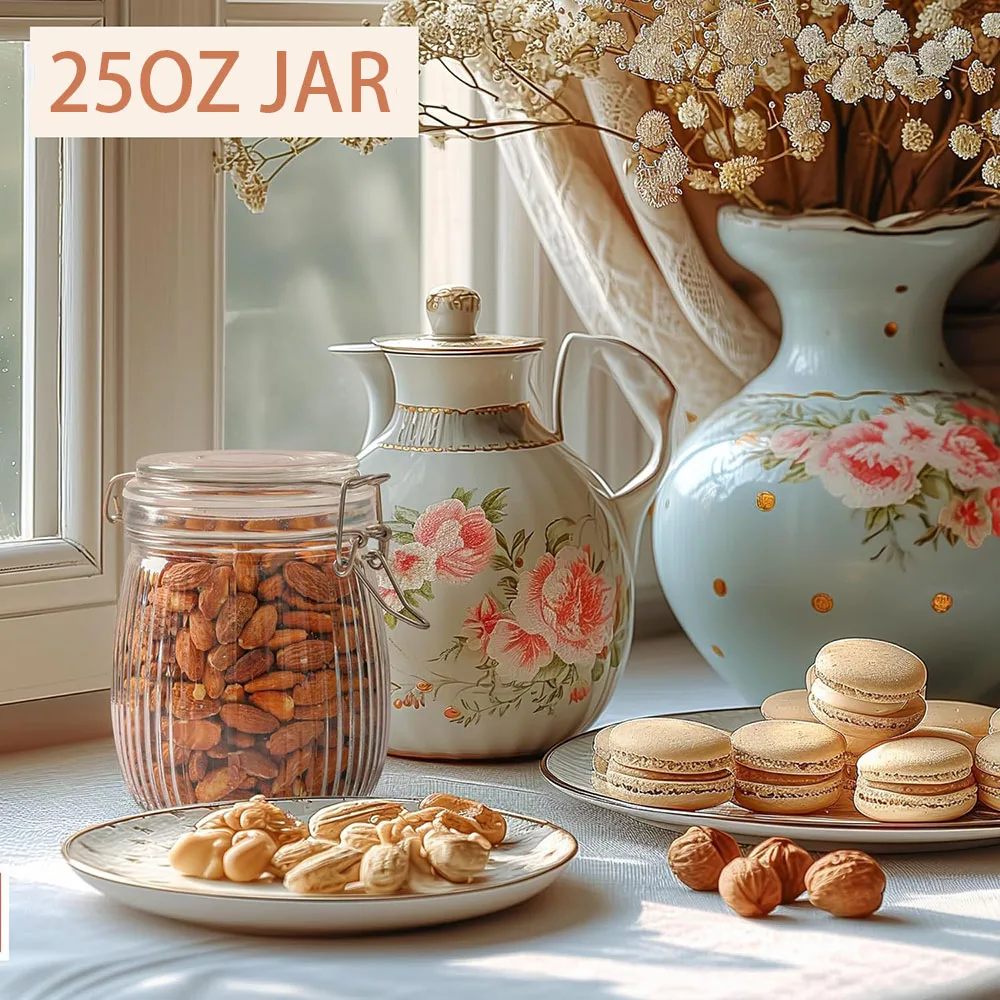 Airtight Glass jar with lid 25oz, Glass Storage Containers, Glass Canister, Striped Clip Fastening Jar for Cereal, Coffee, Pasta 5